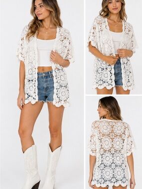 Roaman's White Crochet Open-Front Tunic Kimono
